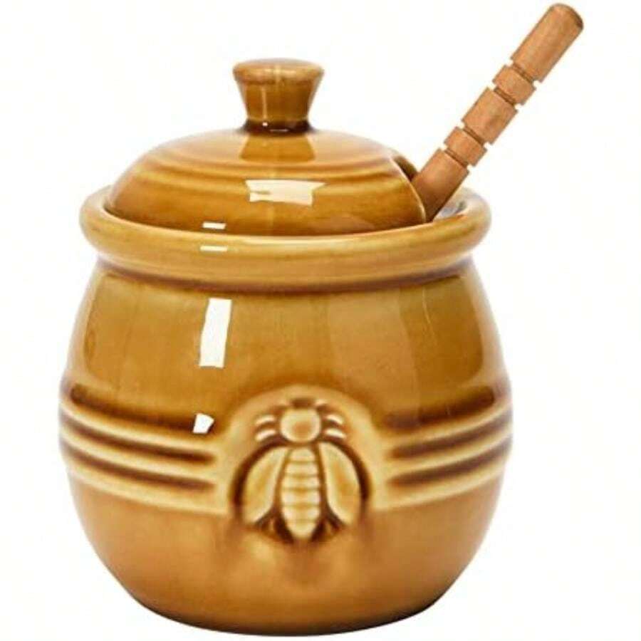Creative Co-Op DA4177 - Olla con tapa y cuchara de madera para miel, color amarillo(Amarillo) - Multicolor - Ver 1