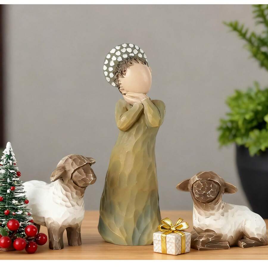 Christmas Shepherd & Lambs Figurine Set - Festive Nativity Decor For Holiday Home Ambiance,Suitable For Living Room Decoration, Christmas Home Decoration, Home Décor - 橄欖綠 - 查看 1