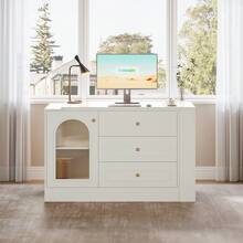 LITTLE TREE L Shaped Desk With 3 Drawers, Reversible Corner Desk With Cabinet, 360° Rotatable Study Table With Adjustable Shelves For Home Office - trắng - Xem 8