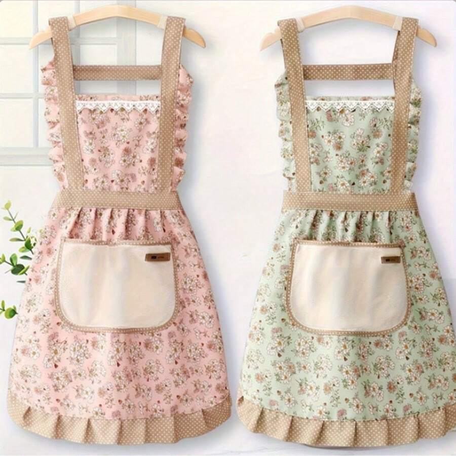 1pc Lovely Sash Canvas Apron, Breathable Flower Apron, Waterproof Drain Oil Breathable Work Dress Waist Apron, Restaurant Waiter Work Dress, House Restaurant Chef Apron Work Dress, Kitchen Household Items - 彩色 - 查看 1