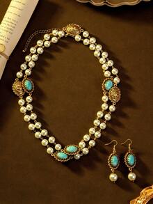 1 Set de joyería de moda para mujer: 1 par de aretes + 1 collar, aleación de cobre mezclada con turquesa azul, diseño de león, estilo elegante y regio, adecuado para banquetes, fiestas y uso en días festivos - Multicolor - Ver 3