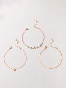 Set de 3 piezas Pulseras de cadena con corazón de cristal rhinestone para mujer, elegantes y sencillas, adecuadas para uso diario, fiestas y regalos para amigos - Amarillo Oro - Ver 4