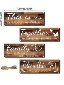 四件套木制乡村艺术家居墙饰，幸福家庭祝福语墙饰，客厅卧室农舍壁画，主题节日派对乔迁新居装饰礼品 - 彩色 - 查看 10