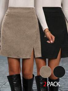 2件套大码女式纯色休闲家居服裙套装，带开衩下摆裙子