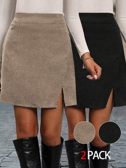 2件套大码女式纯色休闲家居服裙套装，带开衩下摆裙子