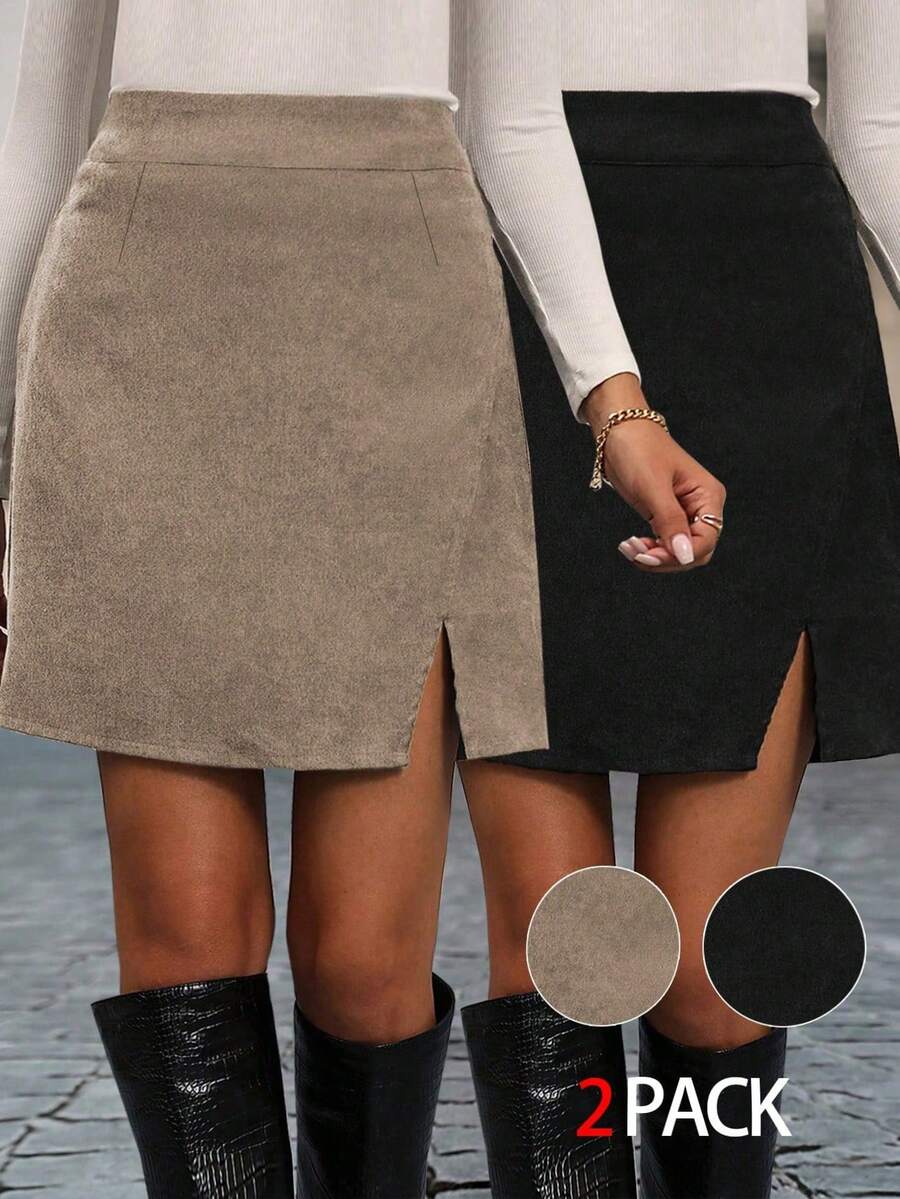 2件套大码女式纯色休闲家居服裙套装，带开衩下摆裙子