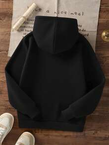 1pc Tween Boys' Casual Printed Pullover Sweatshirt, Thermal Lined, Long Sleeve, Autumn/Winter - Black - View 3