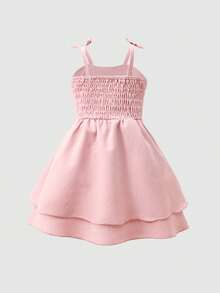 女童夏季新款纯色雪纺层叠荷叶边蝴蝶结吊带连衣裙 - 粉色 - 查看 2