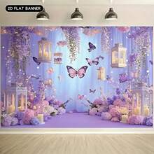 1 Pc, 2D Flat, Gorgeous Style Butterfly Party Backdrop, Polyester Material, Purple Background, Rectangular Photography Background, Bohemian Style, With Purple Butterflies And Flowers, Suitable For Birthday And Wedding Decoration, Living Room Bedroom Decoration, Office Decoration, Multi-Season Use, Gift Giving, Photo Booth Props, Multiple Size Options - Multicolor - View 7
