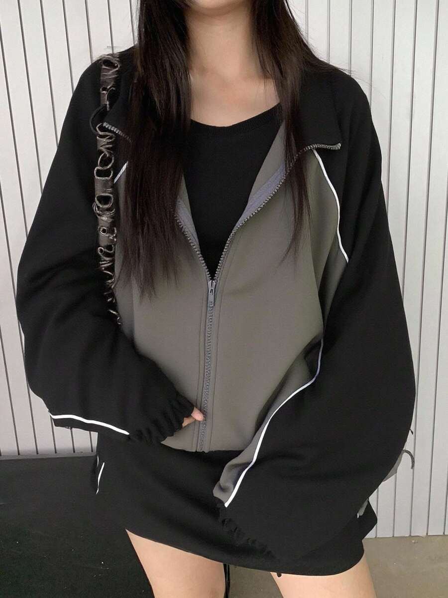 DAZY 女款拼色前拉鍊長袖休閒寬鬆外套,適合秋冬校園穿搭 - 黑色 - 查看 1