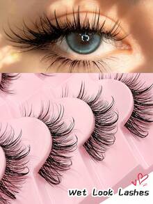 5 Pairs Asiteo Wet Cartoon False Eyelashes, Spiky Anime False Eyelashes, "Kpop" Cosplay False Eyelash Strips, Doll Eyes Spiky Wet Natural Thin False Eyelashes - Black - View 1