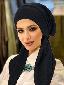 1 pieza Nuevo pañuelo musulmán de doble capa con cola arrugada, gorro turbante de unicolor para mujer - color - Ver 8