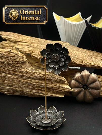 1pc Lotus-Shaped Incense Holder, Brass-Coloured Incense Stick Holder, Alloy Incense Sticks Burner, Brass Alloy Material, Electroplated Craftsmanship, 6-Hole Design For Various Incense Sizes, Perfect For Emotion Fleshing/Ramadan/Meditation/Home Decoration, Ash Collection Function For Easy Cleaning