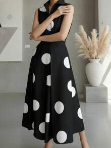 2025春秋新款休闲时尚通勤简约波点V领长款喇叭纽扣连衣裙，适合女性，秋季，秋装，女士秋季连衣裙，女士秋季套装，秋季服装，商务休闲女装，商务休闲，复古女装，复古服装，商务休闲女装，女士办公室套装，女士职业装，优雅夏季 - 黑與白 - 查看 4