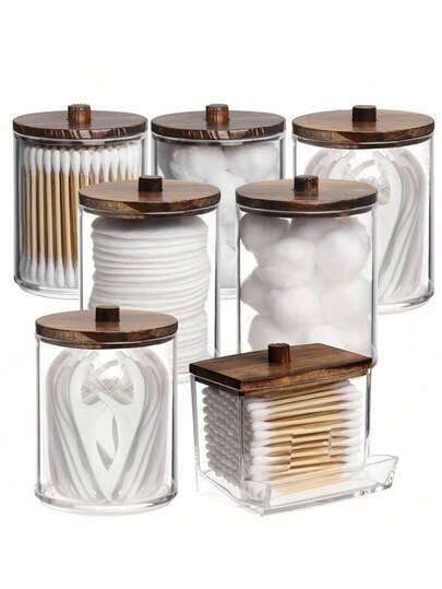 Vintage Handmade Bamboo Covered Cotton Swab Holder, Cotton Ball Dispenser, Cotton Swab, Cotton Round Pad, Dental Floss Stick - Bathroom Accessories And Accessory Set, Small Transparent Plastic Dressing Cosmetic Box For Bathroom Storage Tank