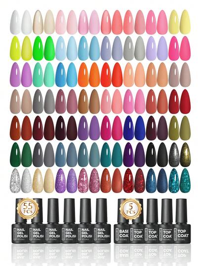coscelia 60 Colors Gel Nail Polish Set, 55 Solid Colors Including Pink, Red, Purple, Blue, Brown, With 5 Bottles Of Glitter/Matte/Glossy Top Coat, Base Coat, Removable UV Gel Nail Polish, Suitable For DIY Home Manicure Salon, Christmas & New Year Gift For Women Nails