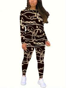 Chain Print Spring Autumn New Women's Casual Two-Piece Set - 彩色 - 查看 7
