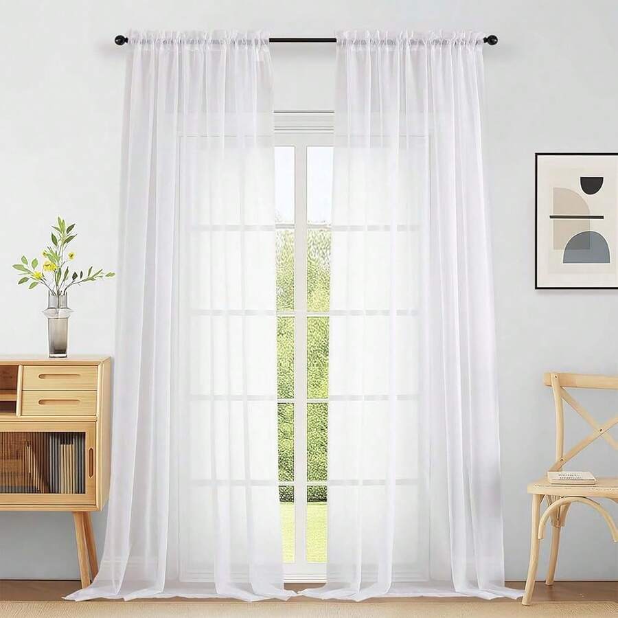 Extra Wide White Sheer Curtains For Window 96 Inches Long 2 Panels Set, Elegant Light Filtering Voile Sheer Curtains For Sliding Glass Door, Dual Rod Pocket Window Drapes, 2x59Wx96L Inches,59inchWx96inchL(Packof2),White - White - View 1