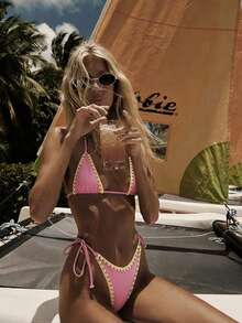 Women's Summer Beach Floral Trim Halter Tie Sexy Bikini Swimsuit Set - Pink - View 1