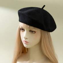 قبعة بيريه فاخرة ذات لون واحد، بطراز ياباني مناسبة للخريف/الشتاء، مناسبة للمواعيد والخروجات والهدايا - الأسود - مشاهدة 1