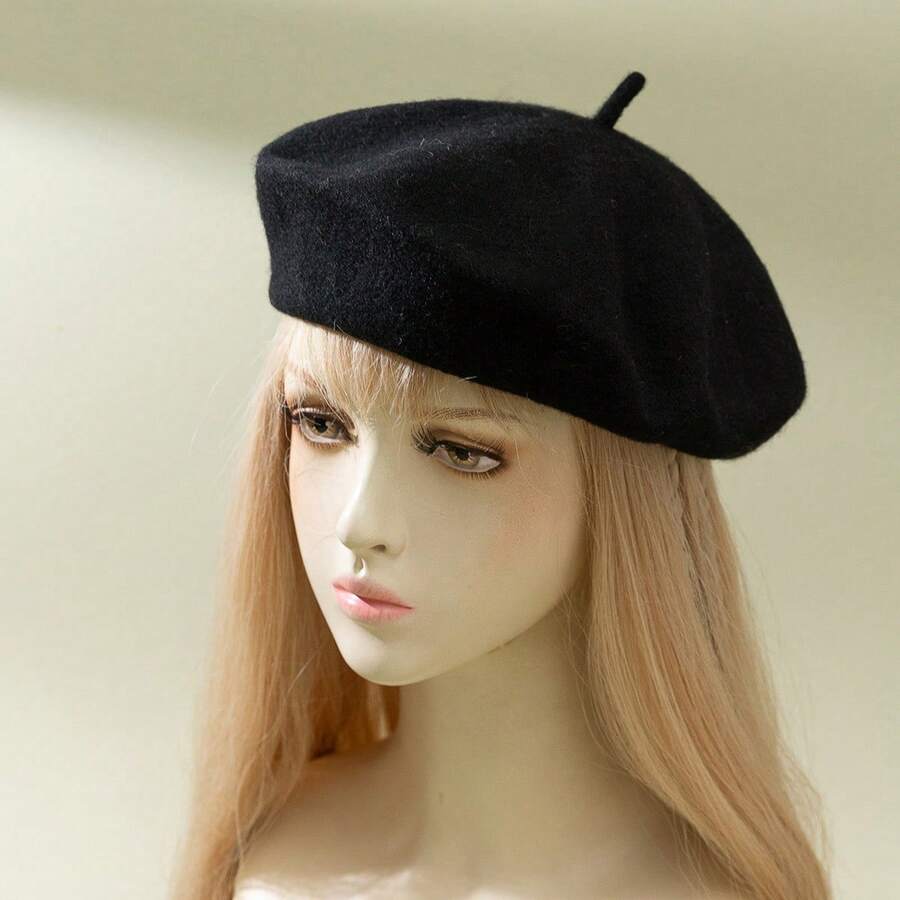 قبعة بيريه فاخرة ذات لون واحد، بطراز ياباني مناسبة للخريف/الشتاء، مناسبة للمواعيد والخروجات والهدايا - الأسود - مشاهدة 1