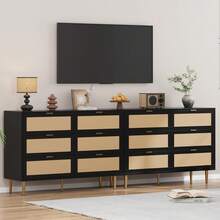 Rattan 6 Drawer Dresser For Bedroom, Modern Chest Of Drawers With Gold Legs And Gold Handles, Wide Double Dresser With Large Tabletop And Anti-Tipping Design For Bedroom Living Room - 黑色 - 查看 7