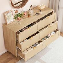 Rattan 6 Drawer Dresser For Bedroom, Modern Chest Of Drawers With Gold Legs And Gold Handles, Wide Double Dresser With Large Tabletop And Anti-Tipping Design For Bedroom Living Room - Natural - 查看 4