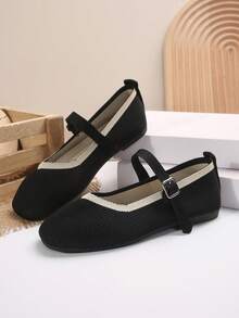 大码女士休闲麂皮平底乐福鞋，方头奶奶鞋，秋季法式复古玛丽珍平底鞋，仙女风奶奶鞋，春季新款低帮方头鞋 - 黑色 - 查看 1