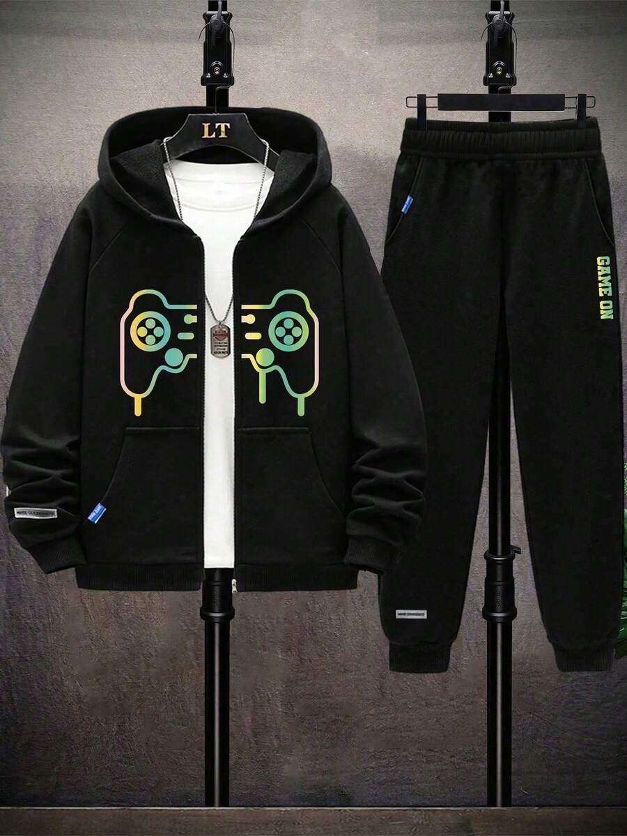 2 件青少年男孩休闲游戏印花羊毛夹克和字母图案羊毛慢跑裤套装，春/秋 - 黑色 - 查看 1