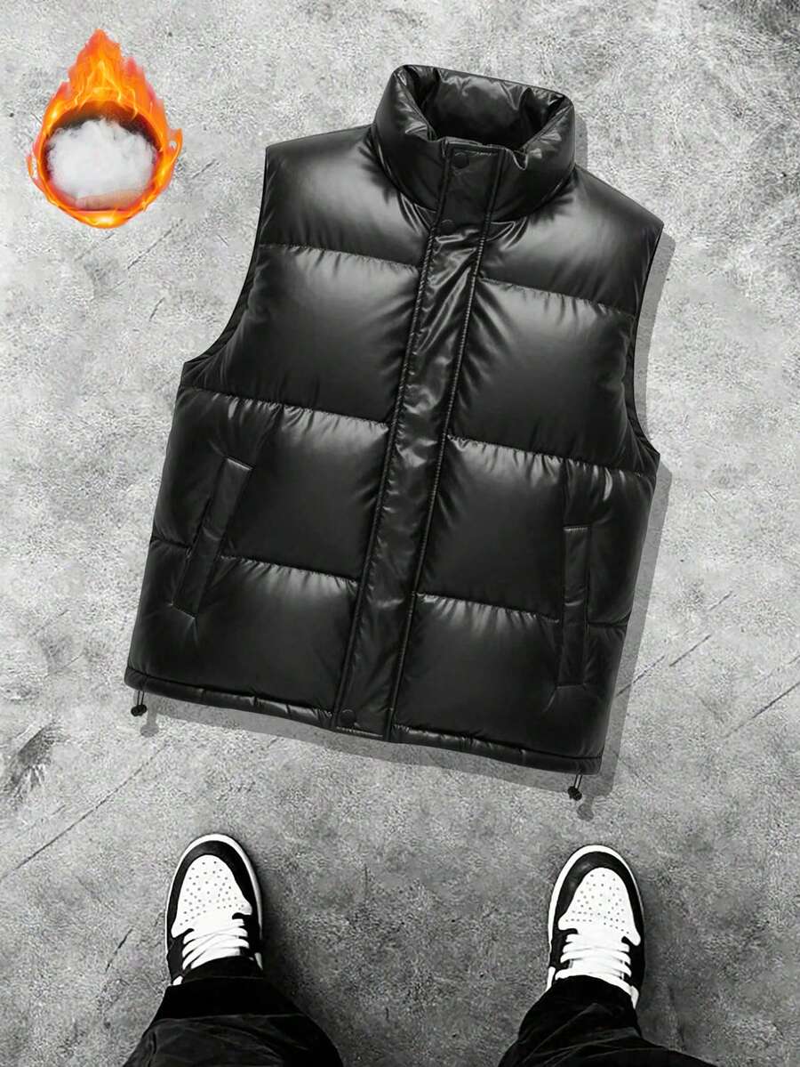 Chaleco casual versátil y cálido de color liso brillante para hombre