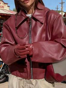 Women's Retro Motorcycle Jacket - Coat With Collar & Classic Black/White/Grey/Brown Tones - All-Season Casual Outerwear (Machine Washable) For Motorcycle Riding & Casual Attire - Non-Stretch Jacket Women's Retro Motorcycle Jacket - Collared Classic Tones (Black/White/Grey/Brown) All-Season Casual Outerwear, Machine Washable For Riding & Daily Attire, Non-Stretch Loose Fit Oversized Faux Leather Biker Jacket For Women - Retro Lapel Zip-Up, Drop Shoulder & Cropped Length, Black/Chocolate/Burgundy, Edgy Casual Style Vintage-Inspired Women's Faux Leather Jacket - Oversized Silhouette, Zipper Front & Classic Collar, Perfect For Edgy Street & Daily Sports Outfits (Multiple Colors) Women's Oversized Faux Leather Bomber Jacket - Classic Collar, Zip Closure, Loose Fit, Elevate Casual Looks With This Must-Have Outerwear (Black/Chocolate/Wine Red) Loose & Casual Thickened Women's Jacket - Multi-Color Zipper, Daily Sports & Biker Style, Ideal For Winter/Hunting, Versatile Chaquetas Para Mujer - 紅色 - 查看 4
