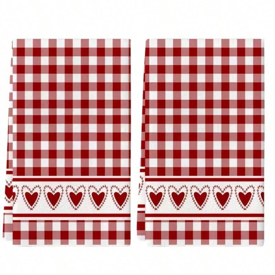 Rotes kariertes Herz Design Küchentuch, super saugfähig mit Cartoon Herz & Schleife Dekor, maschinenwaschbar wiederverwendbares Handtuch, geeignet für Zuhause, Küche, Bad, Auto, Fensterreinigung - weiches gestricktes Geschirrtuch, Valentinstag Dekoration - Verschiedenfarbig - Übersicht 1