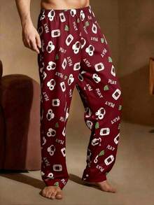 Quần ngủ thoải mái, mềm mại, nhẹ nhàng theo chủ đề chơi game dành cho nam - Quần dài vải pha polyester có cạp chun, màu đen in họa tiết tay cầm chơi game nhiều màu, trang phục thường ngày hoặc đồ ngủ, quần mặc ở nhà | Quần in họa tiết vui tươi | Chất liệu vải mịn - Màu Đỏ Sâu - Xem 5