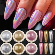 6 Colors Chrome Nail Powder,Gold Silver Metallic Effect Chrome Powder For Nails,Holographic Mirror Glitter Pearl Pigment Dust Kit For Gel Polish Nail Art Decoration Manicure Nail Supplies - F 203 Magic Mirror Laser - 查看 2
