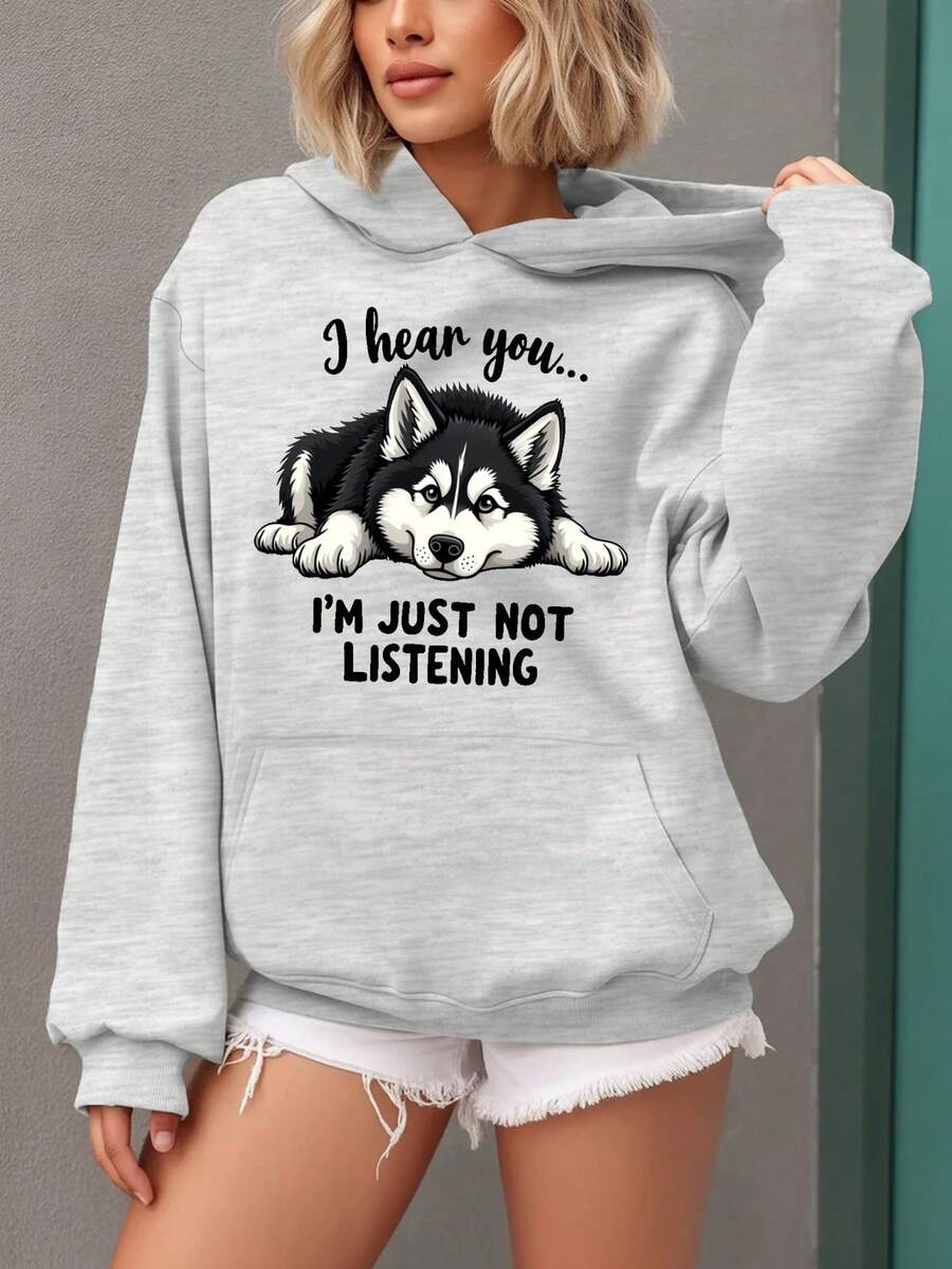 Envío Local - Sudadera con Capucha de Moda para Damas con Patrón de Husky Siberiano "Te Entiendo..." - Sudadera Rosa Rosa con Bolsillos Laterales, Sudadera Cómoda para Amantes de Perros - Regalo de Invierno Perfecto, Tela Cálida y Suave, Diseño Lindo, Ropa Casual - Gris - Ver 1