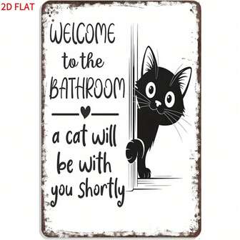2D平面装饰画，1件装，趣味浴室装饰画，“欢迎来到浴室——一只猫咪即将加入您”，黑色猫咪探出头来的设计，适合作为墙面艺术品，可作礼物或办公室/客厅装饰，尺寸为8x12英寸，办公装饰，家居点缀，异想天开的艺术，耐用材质，手工制作，装饰牌匾，宠物主人，家居装饰爱好者，2D平面