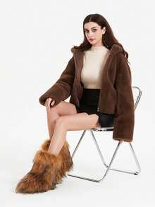 Faux Fur Snow Boots For Men Women ,Non-Slip Winter Fuzzy Boots , Flat Heel  Warm Boots, Furry Plush Short Snow Boot Mid-Calf Boots For Outdoor - Brown - View 4
