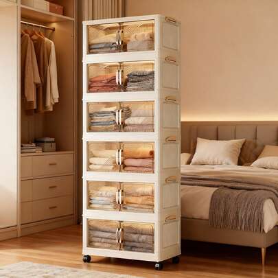 1 pieza (45cm-60cm de ancho) Gabinete de almacenamiento plegable de plástico con puerta doble, armario plegable, armario portátil para el hogar, gabinete de juguetes para la sala de estar, gabinete para bocadillos, gabinete de almacenamiento de cocina, regalo de Navidad y Halloween, caja de pañuelos para el baño, estantería para el piso del dormitorio, estantería de zapatos plegable