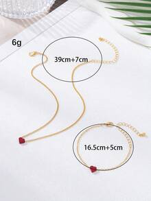 简约优雅喷绘红色心形吊坠项链手链套装，日常及节日送礼佳品 - 紅色 - 查看 4