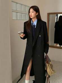 女士纯色双排扣复古翻领长款羊毛混纺大衣，冬季 - 黑色 - 查看 10