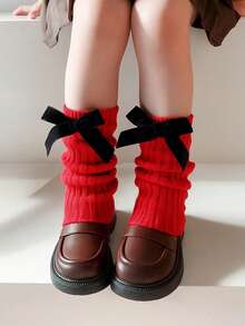 1 par de calentadores de piernas de punto con lazo rojo sólido para niñas, cómodos para el otoño/invierno - Rojo - Ver 2