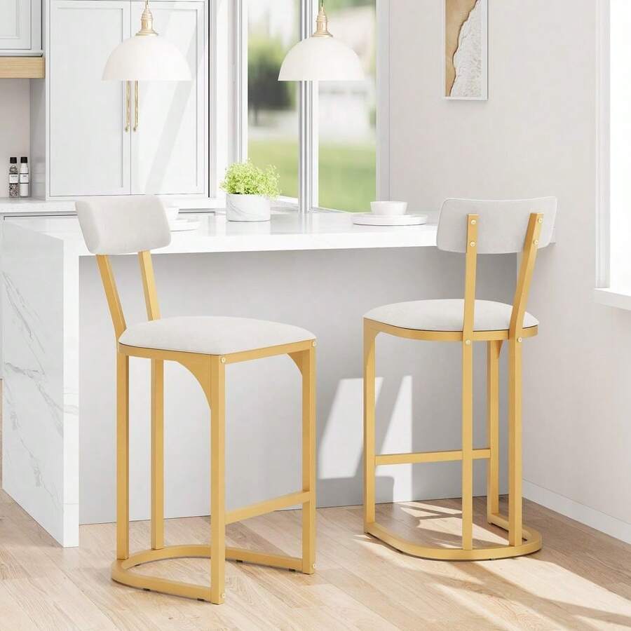 Bar Stools Set Of 2, Counter Height Bar Stools, Curved Back With Metal Frame Island Chairs With Upholstered Modern Tall Barstools Counter Stools For Kitchen Dining Room - 黃金-2件 - 查看 1