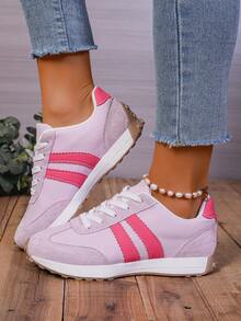 Tênis Casuais Femininos, Sola Grossa Versátil Calçado Estudantil Antiderrapante para Corrida, Tênis Brancos com Cadarço - Rosa chiclete - Visão 5