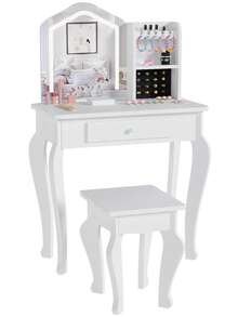Tocador infantil con espejo iluminado, juego de tocador y silla para niñas, juego de maquillaje para niñas, color blanco - Blanco - Ver 1