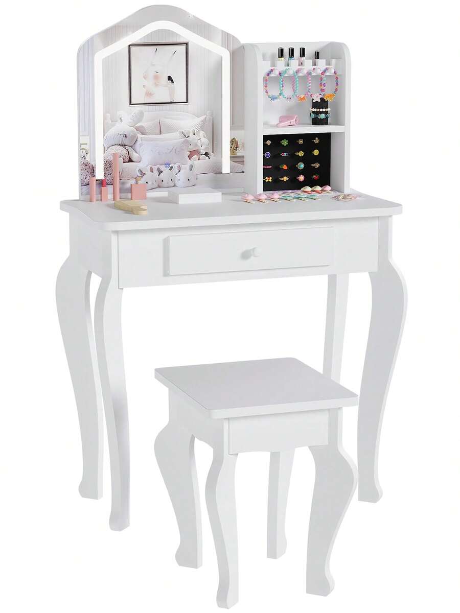 Tocador infantil con espejo iluminado, juego de tocador y silla para niñas, juego de maquillaje para niñas, color blanco - Blanco - Ver 1