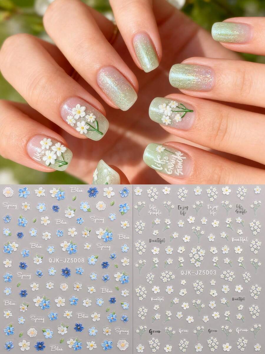 QIANJIKU 2片装春夏花卉浮雕美甲贴纸，5D立体美甲装饰贴，适用于亚克力指甲，女士及女孩美甲用品，节日礼物