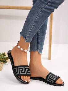 Women's Geometric Pattern Flat Sandals For Daily Wear, Beach, And Home - Dark Grey - View 8