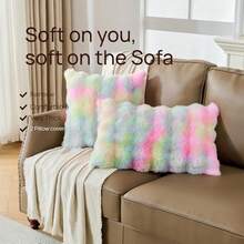 Set Of 2 Rainbow Faux Fur Fluffy Throw Pillow Cases, Pl 11ush Rabbit Fur Cushion Covers,Tie Dye Velvet Fuzzy Decorative Pillow Covers For Bed Couch 12x20 Inch Pillowcases,20inchx12inch(Packof2),Rainbow - Rainbow - 查看 5