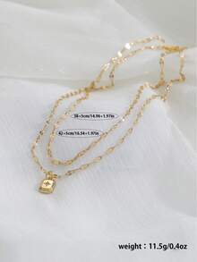 Tkool 2件套时尚个性化唇形链双层长方形铜质微镶嵌闪亮锆石吊坠项链颈链 - 金黃色 - 查看 5