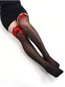 Cute Big Red Bow Heart Print Stockings, High Stockings - đen - Xem 2